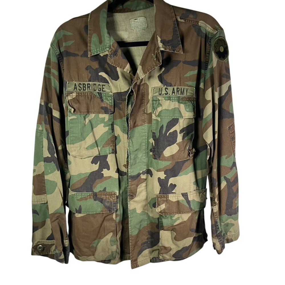 Vintage Mens US Army Field Jacket Camouflage ASBRIDGE Patch Military Coat